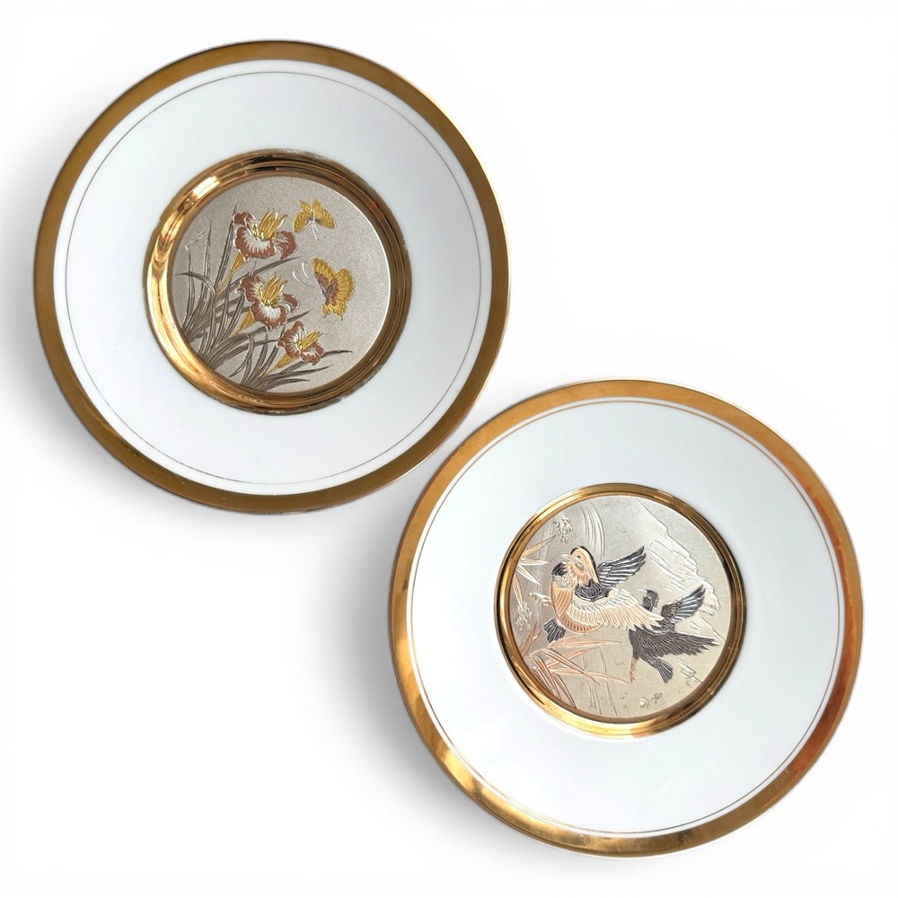 Made in Japan The Art Of Chokin Plate Set Floral Birds 8 in 24k Gold